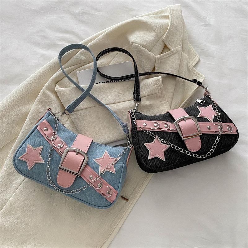 New Korean version underarm bag women's spring foreign style contrasting color shoulder bag casual personalized chain denim women's bag