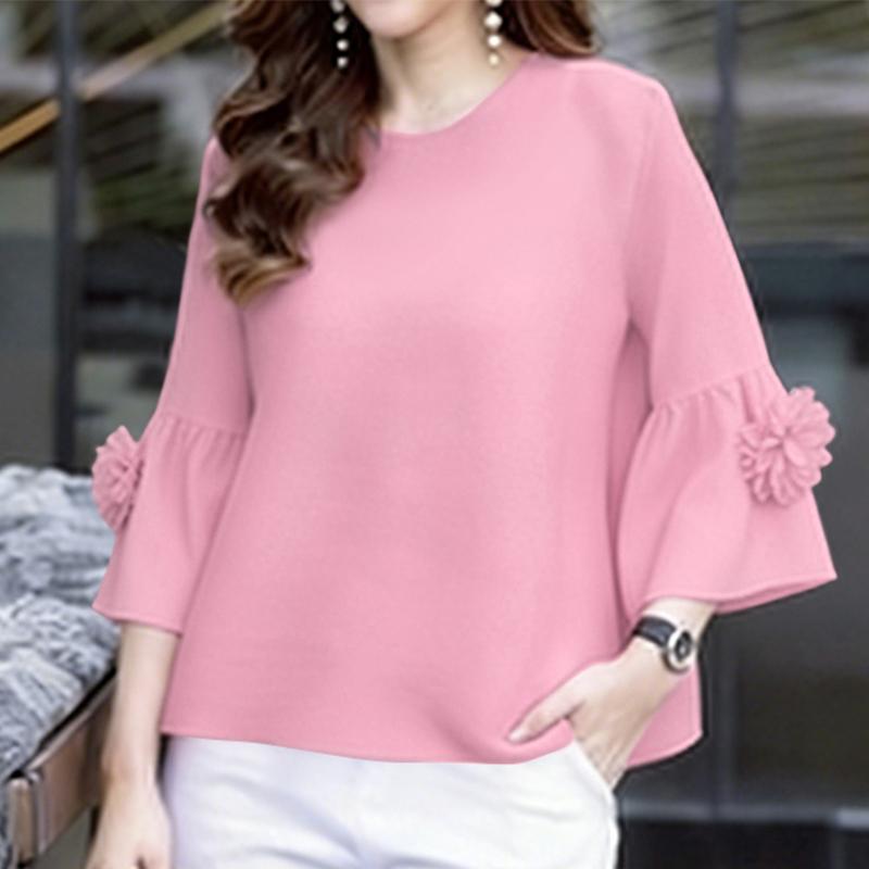 ZANZEA Blouse Décontractée Femme Col Rond Couleur Unie Manches 3/4