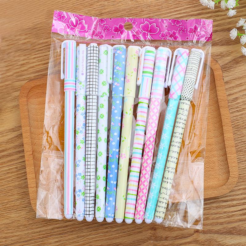 10-Piece Set of Fresh and Cute Neutral Water Pens - Colorful Floral Pattern In Pen Case