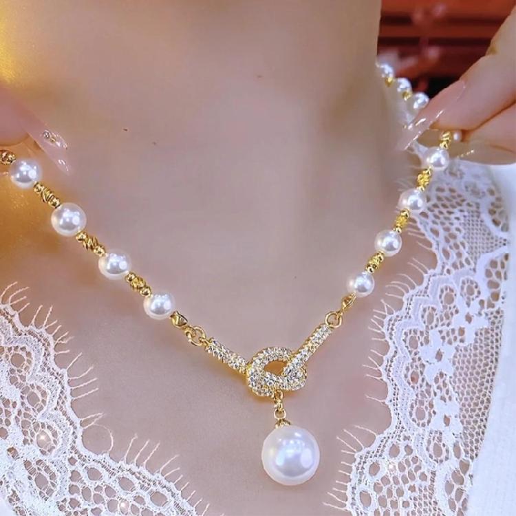 Crystal Studded Adjustable Pearls Necklace for Women Allergy Resistant Jewelry with Knot Detailing Evening Wear