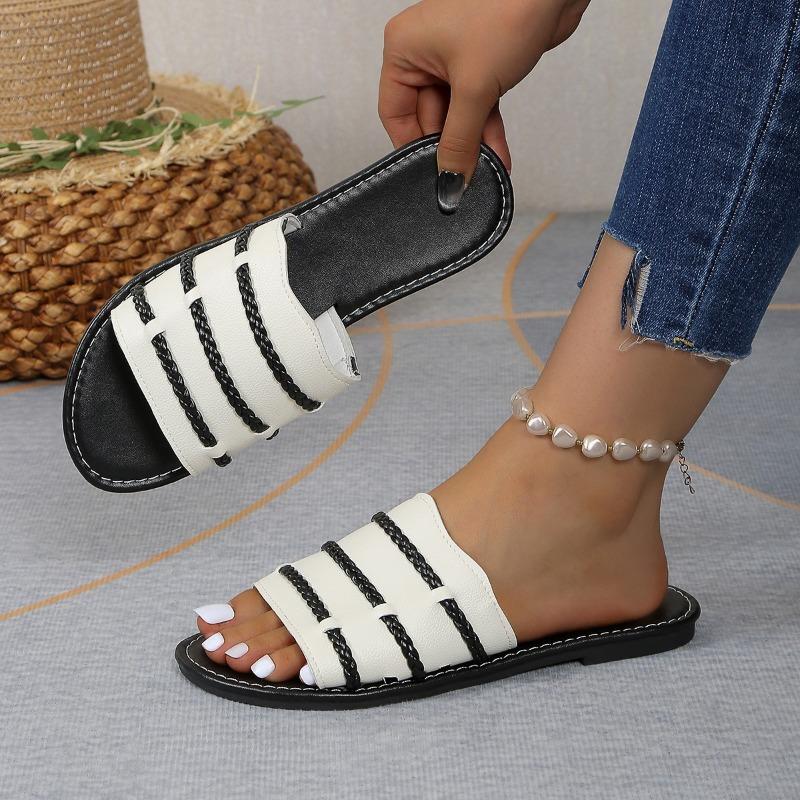 Large size summer new slippers women's word with black and white stripes comfortable flat heel sandals