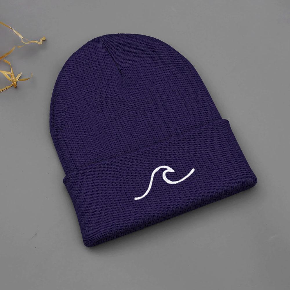 Winter Beanie Hats for Men Women Embroidery Wave Knit Cuffed Beanie Skull Cap Outdoor Daily Wear