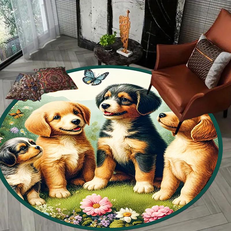 Cute Dog Circular Rug Animal Portrait Winter Snow Scene Pattern Home Decor Carpet Soft Non-Slip Round Floor Mat for Living Room