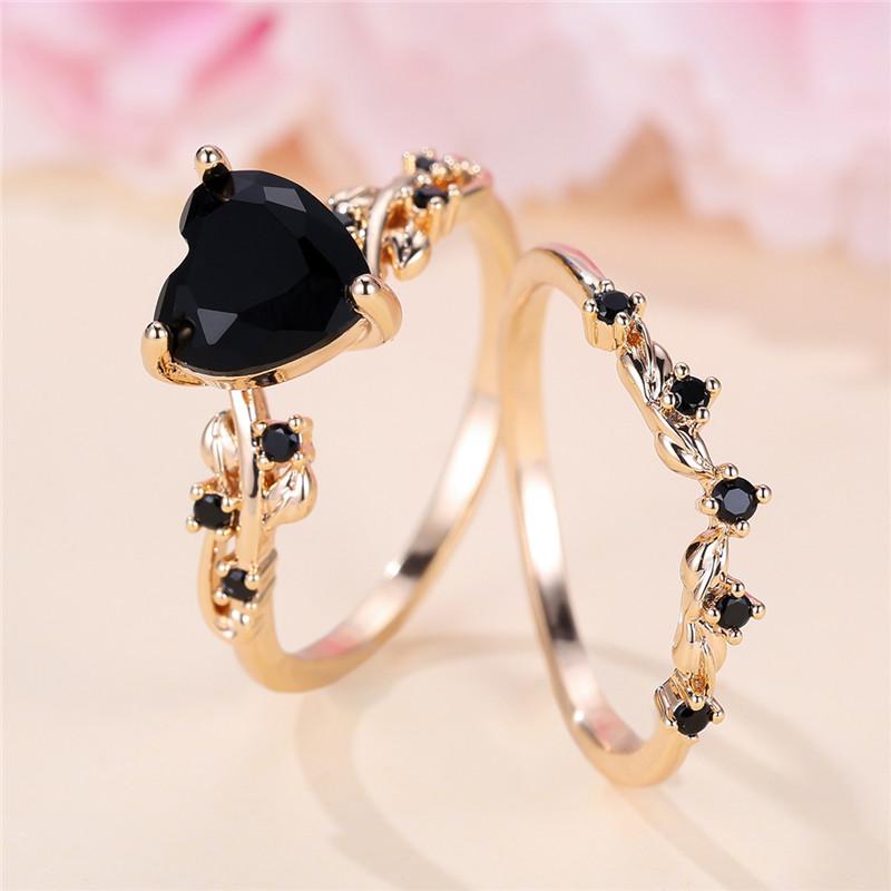 Female Crystal White Zircon Stone Heart Engagement Ring Set Luxury Gold Color Wedding Jewelry For Women