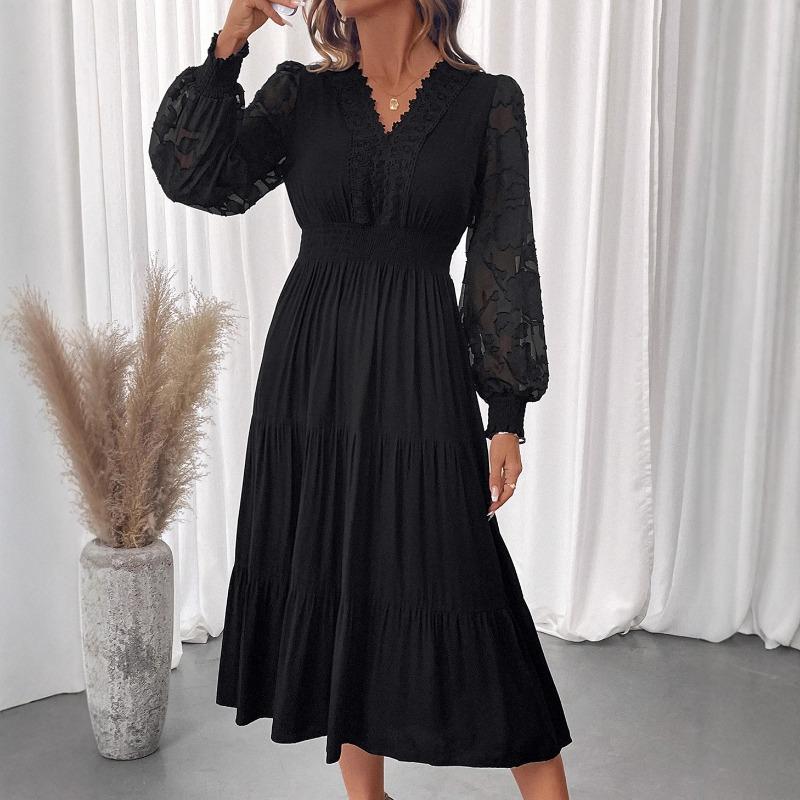 2025 Nouă Rochie Elegantă de Toamnă și Iarnă cu Dantelă și Mâneci Lungi cu Decolteu în V