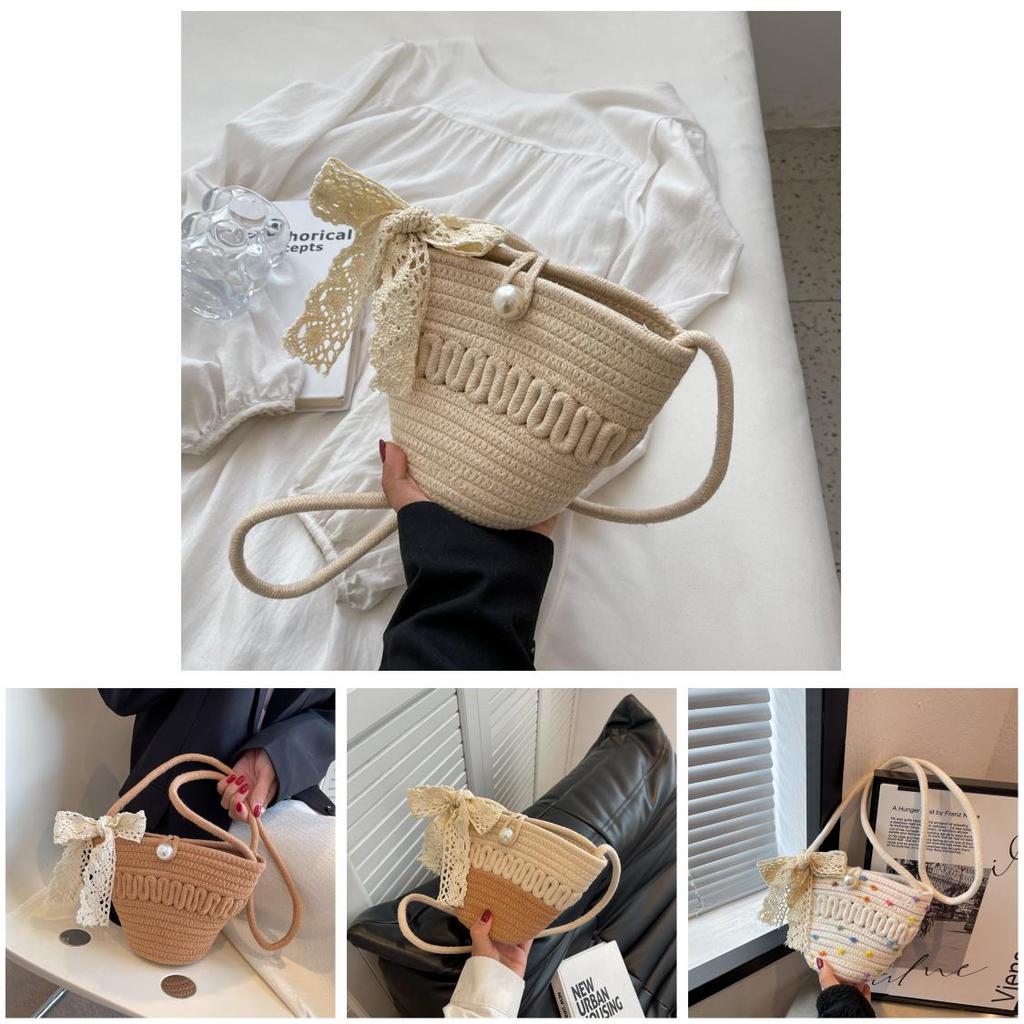 Cotton Linen Kids Girl Summer Woven Shoulder Bag With Breathable Design For Beach And Vacation Use