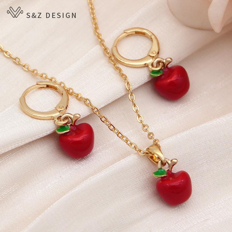 

Модные классические эмалированные серьги-капли с красным яблоком, комплекты ювелирных изделий для женщин и девочек, повседневные аксессуары, ожерелье, подарок
