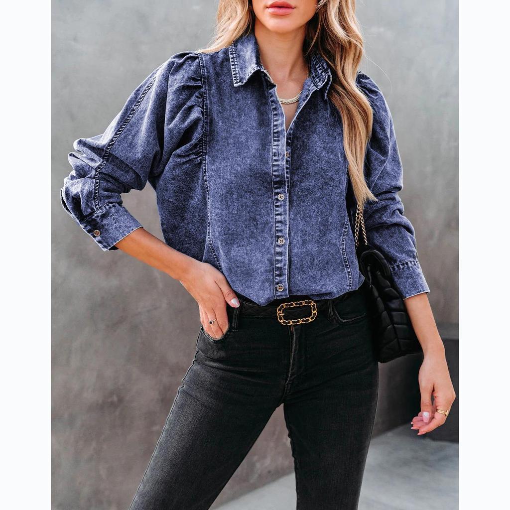 2026 Women's European/American Autumn/Winter Lapel Casual Street Style Denim Shirt