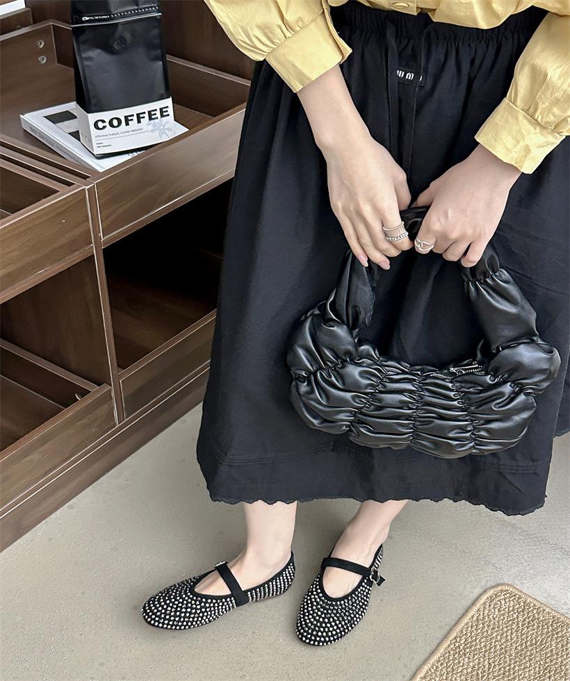 Foreign Trade Full Diamond Mary Jane Single Shoes Women's 2025 New Shallow Mouth One-word Buckle with Round Head Flat-soled Beanie Shoes