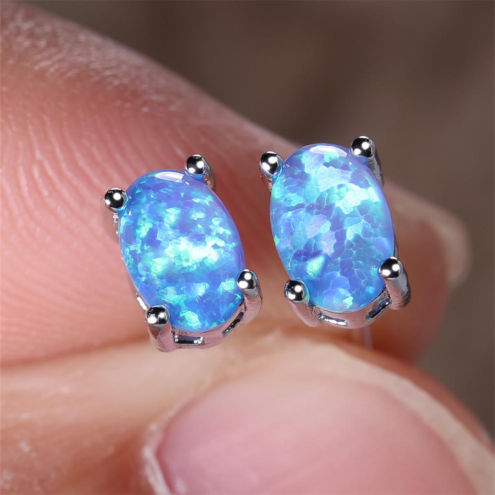 White Blue Green Opal Oval Stone Small Stud Earrings For Women Boho  Silver Color Wedding Jewelry Bridal Engagement Gifts