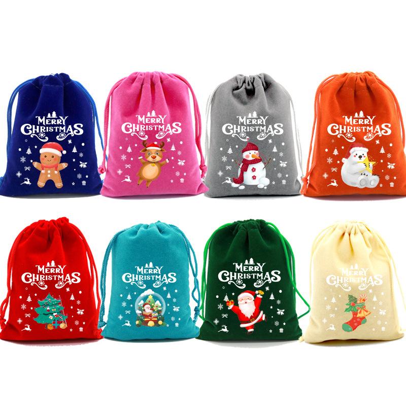 5Pcs Merry Christmas Velvet Bags Green/Red/Blue Drawstring Pouch Candy Gift Bag Jewelry Packaging Bags Xmas New Year Supplies