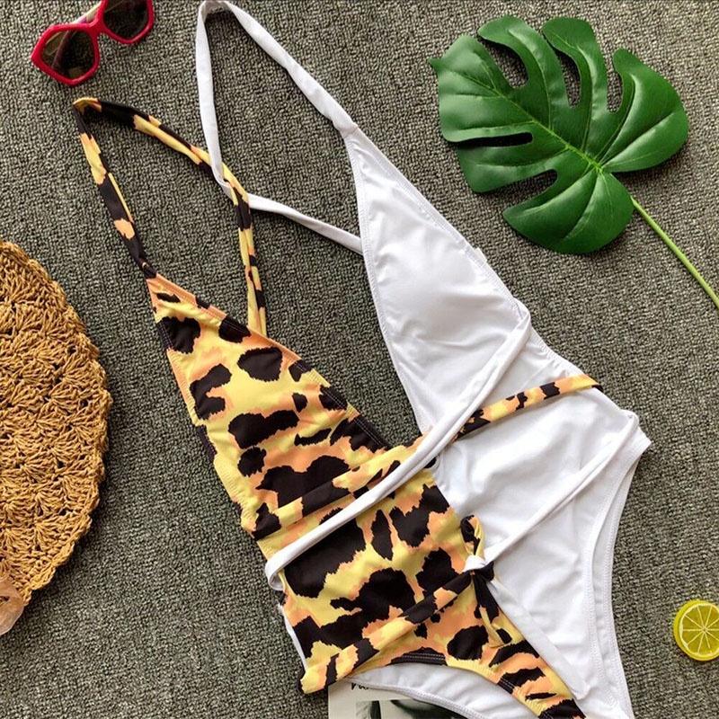 Luxurious Leopard One Piece Bikini Bathing Patchwork Padded Deep V Bandage Halter Swimsuit
