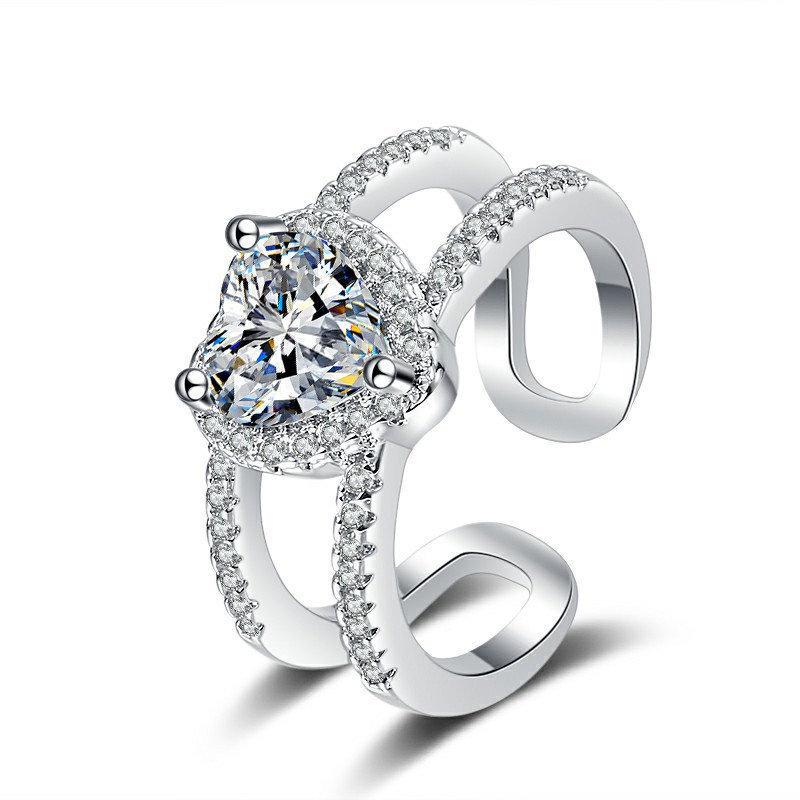 Korean-Style S925 Sterling Silver Zircon Heart Double Ring: Luxury, High-End Design for Women