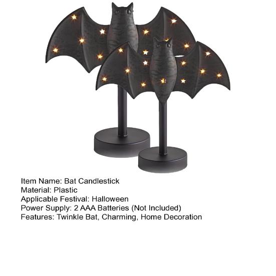 Large Twinkle Bat Candlestick Halloween Light-up Bat Candle Holder Gothic Candelabra Centerpiece with LED Twinkle Light for Home Dinner Table