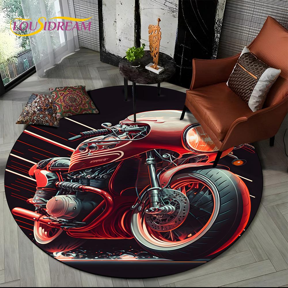 3D Retro Vintage Motorcycle Cartoon Round Area Carpet Rug for Living Room Bedroom Kid Playroom Decor,Pet Area Rug Non-slip Gift