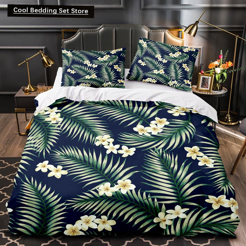 Tropical Plants Floral King Queen Duvet Cover Green Palm Leaves Bedding Set Cream-colored Flowers 2/3pcs Polyester Quilt Cover