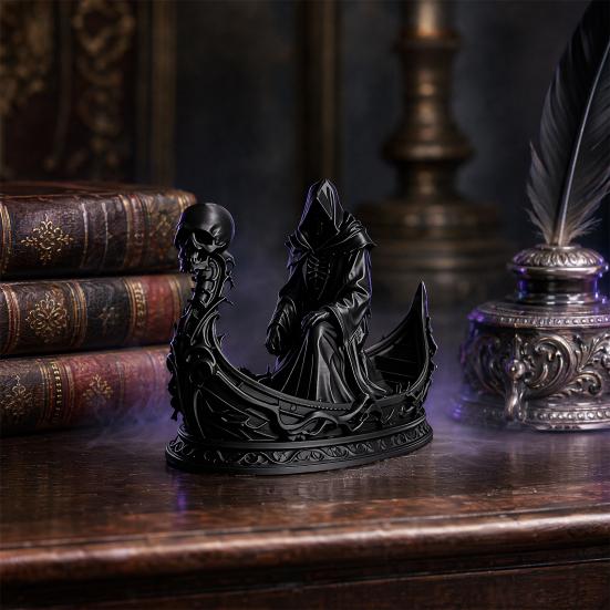 Horror-Thema Schreibtischdekoration 3D-gedruckte gotische Sensenmann-Schädel-Bootsfigur, Kleines Desktop-Ornament Halloween für Partydekoration, Dunkles Sammlerstück Eingang