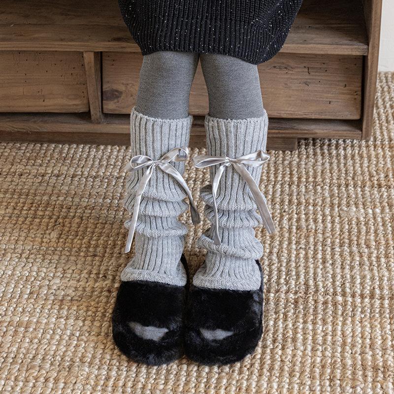 Kids Leg Warmers INS Fashion Solid Color Knitted Boot Cuff with Bow Winter Warm Leg Warmers for Girls Retro Over The Knee Socks