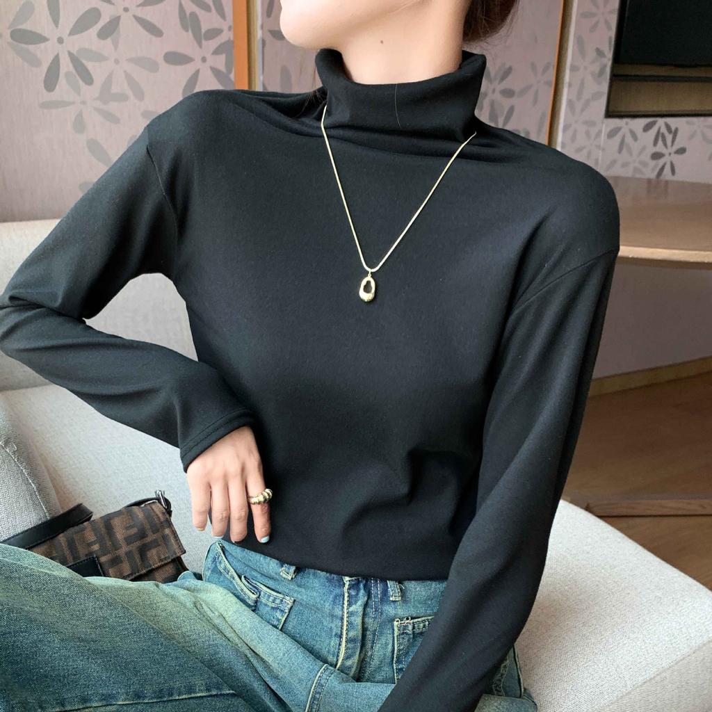 High-necked Micron Velvet Base Layer for Women in Autumn and Winter with a Thickened Double-sided Brushed Pile Collar Long-sleeved Top