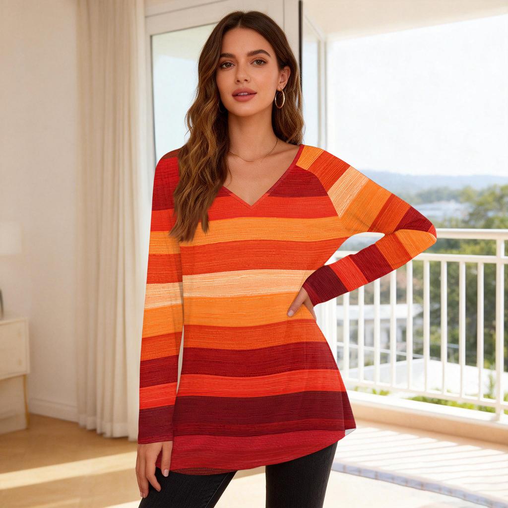 Women's Fashionable Casual Long-Sleeved Striped Print V-Neck Mid-Length Top