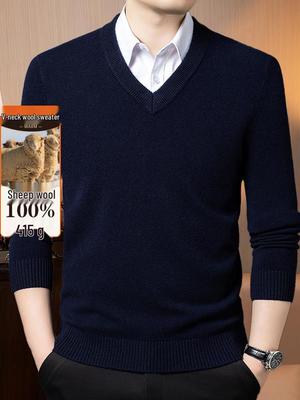 Men's V-neck Wool Sweater - Thick, High Quality, Autumn/Winter Casual, Loose Fit, 415g Base Layer