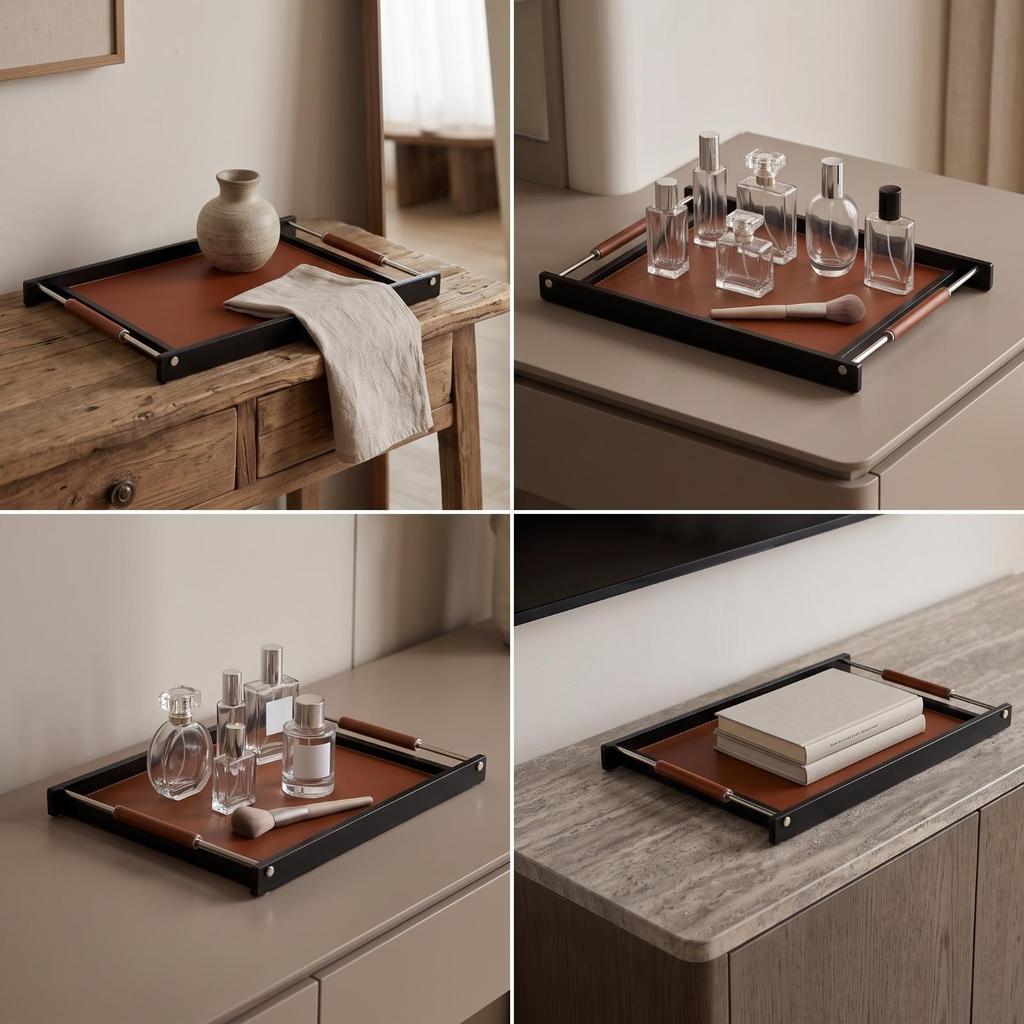 Serving Tray Elegant with Leather Handles Stylish for Entryway Organization