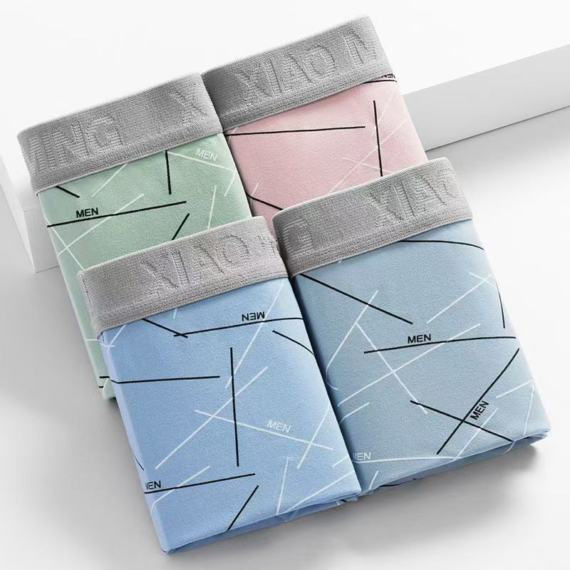 4pcs Men's Underwear Men's Mid Waist Printed Breathable Flat Leg Pants Contrasting Color Square Leg Pants Boxer Brief
