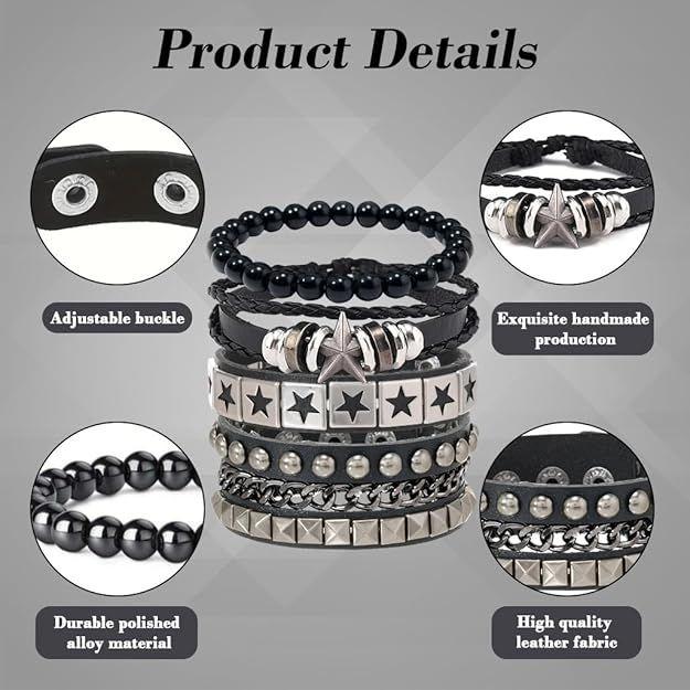 Bracelet for Man Punk Rock Studded Bracelets Black Leather Cuff Bracelet for Men Women Adjustable Goth Bracelets 80s Retro Style