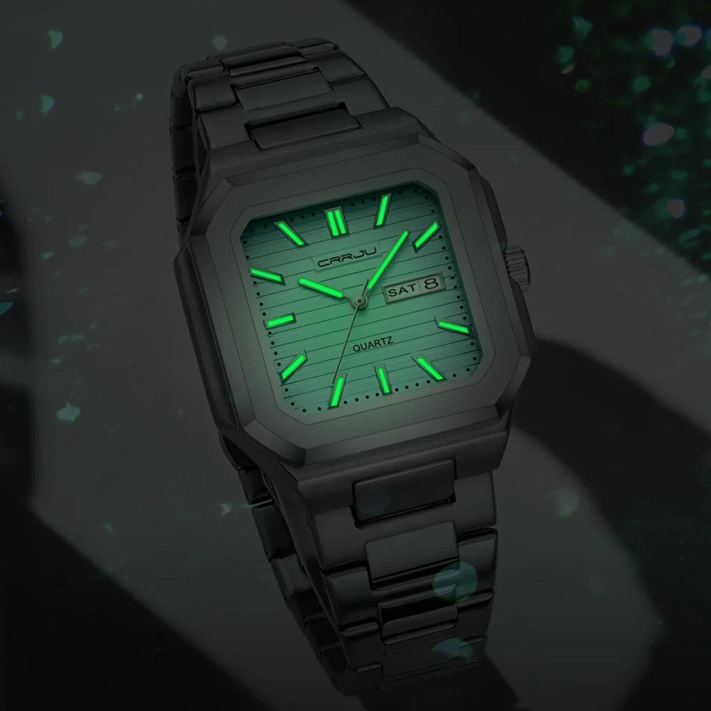 Luxury Men's Quartz Watch Square Case Day Date Display Stainless Steel Wristwatch