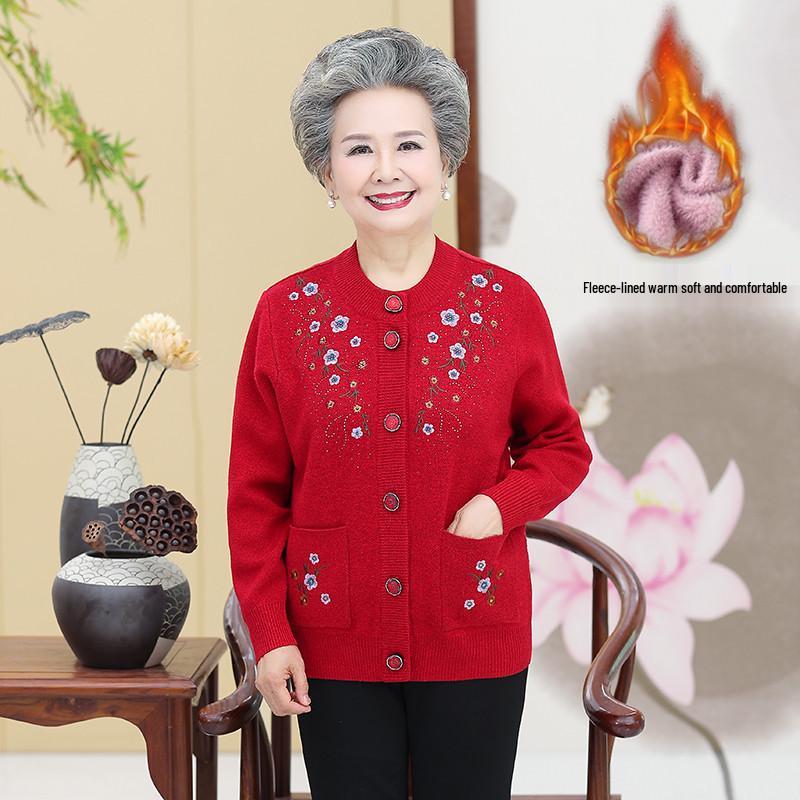 Embroidered Velvet-Enhanced Warm Cardigan for Women Aged 60-70