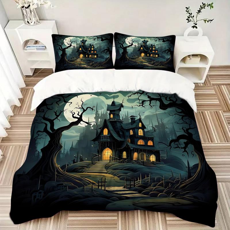 3pc Haunted House Moonlit Night Cover Set - 1 Quilt Cover + 2 Pillowcases, All Seasons Bedroom Setting, Perfect for Home068