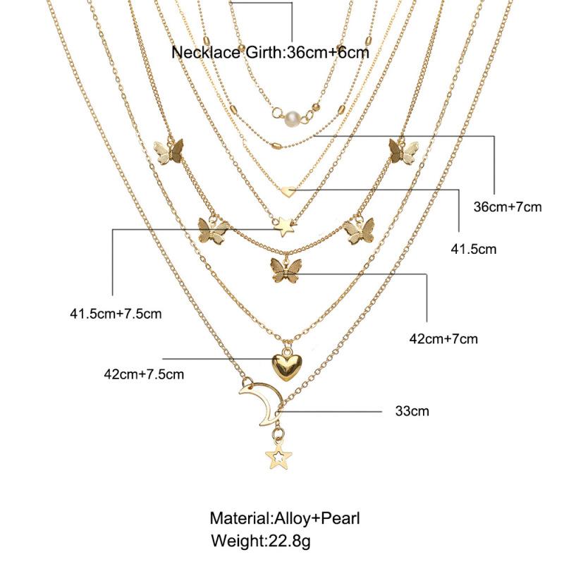 6 Pcs/set Pendant  Necklace Creative Personality Multi-layer Butterflies Moon Peach Heart-shaped