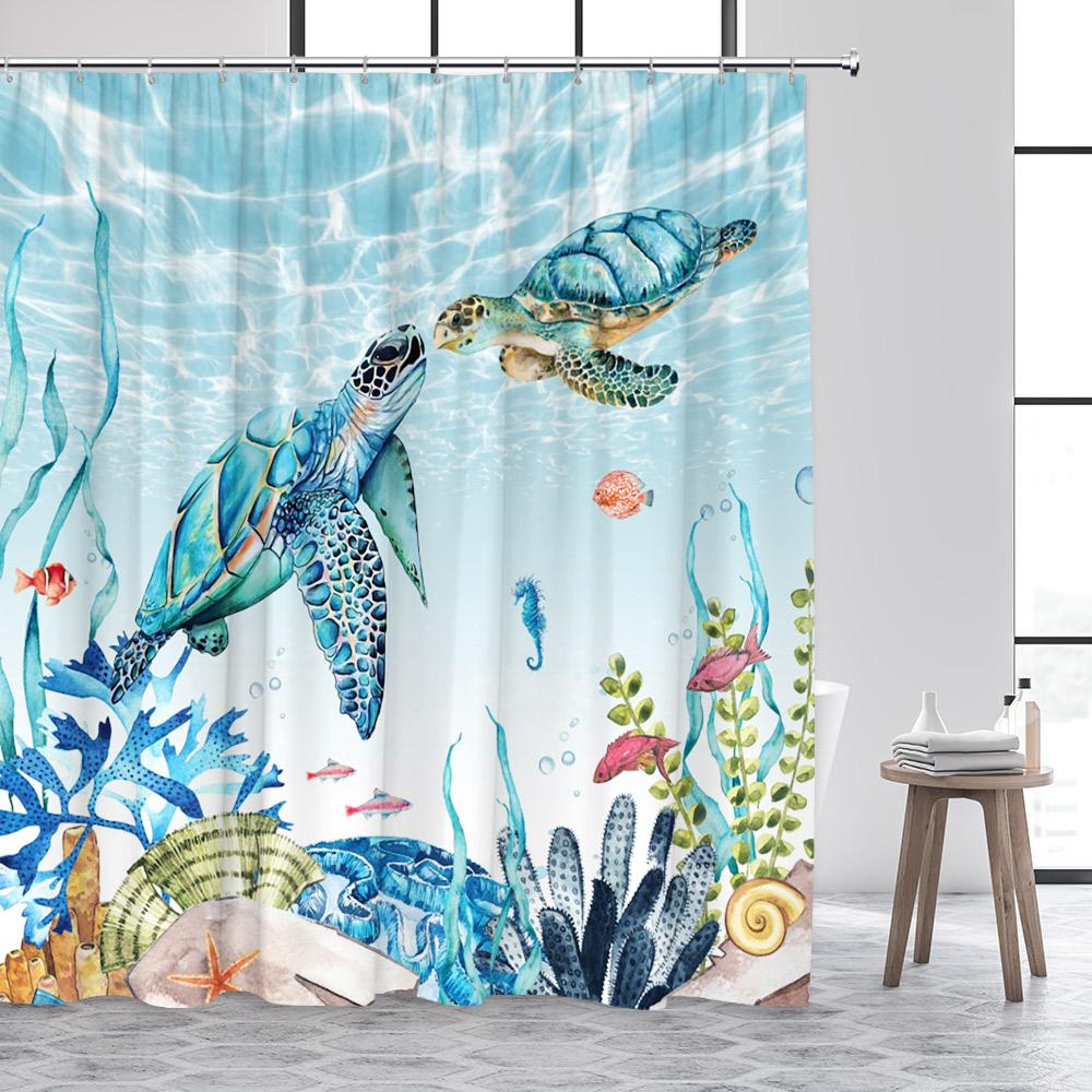 Ocean Sea Turtle Shower Curtain Seahorse Starfish Seagrass Fish Animals Underwater Scenery Fabric Bathroom Curtains Decor Set