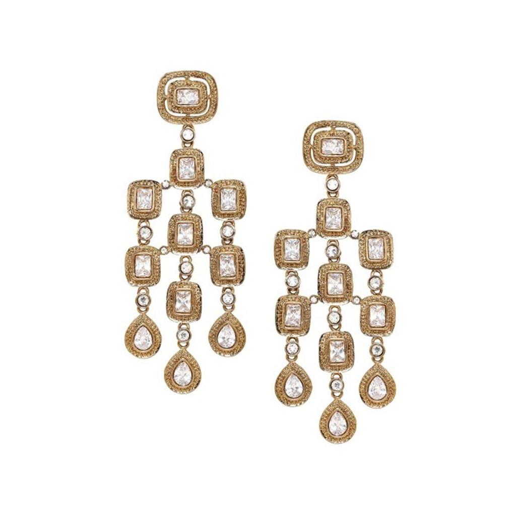 22K Gold-Plated/Rhodium-Plated Chandelier Earrings - Cubic Zirconia Studded Antique Traditional Chandelier Earrings