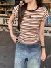 Women's Summer Retro Chic Striped Color-Block Slim-Fit T-Shirt with Short Sleeves