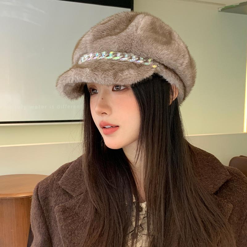 Autumn and Winter Beret Cap Women's Imitation Mink Hair Thermal Ear Protection Hat Versatile Casual Retro Octagonal Hat Painter Hat