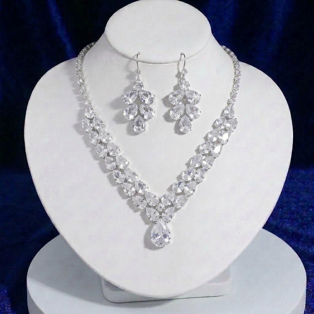 Zircon Water Drop Earrings & Necklace Set: Trendy White Jewelry with Flowing Design