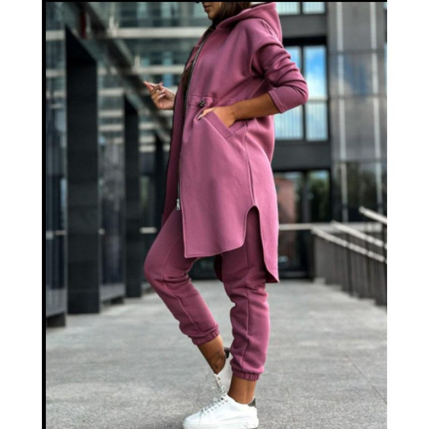Women's Hooded Zipper Irregular Large Coat Mid Waist Pencil Pants Two-Piece Suit Autumn Winter Solid Color Printing Suit