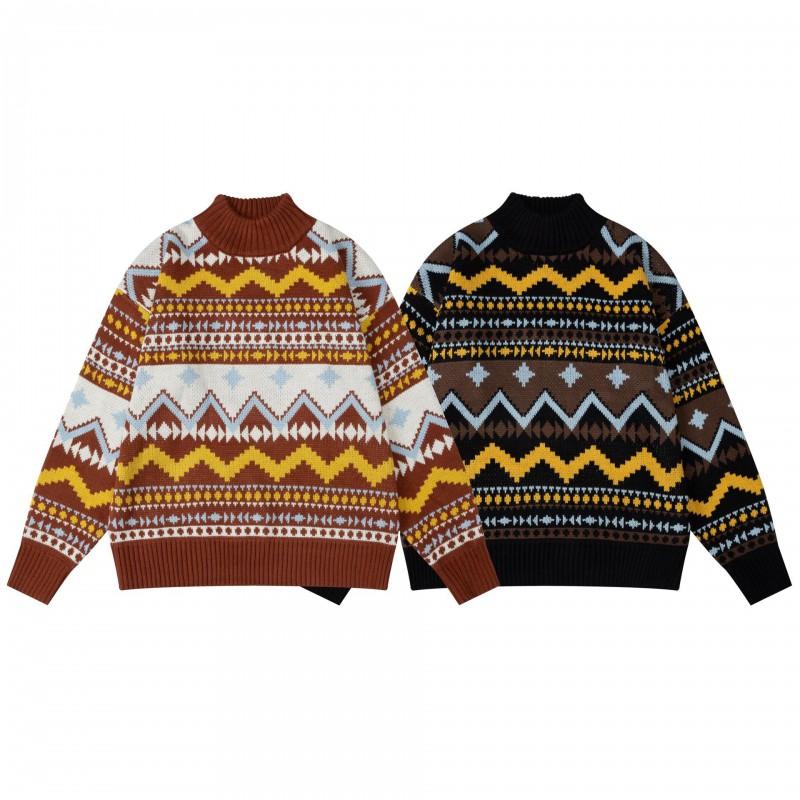 Vintage-Inspired Crew Neck Knit Sweater With Jacquard Unisex Loose Fit Casual Winter Top