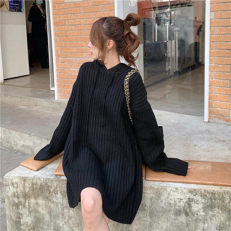 

Women s Mid-Length Hooded Sweatshirt, Autumn/Winter, Casual Loose Knit, Thickened Base Layer, Trendy Style. L чёрный