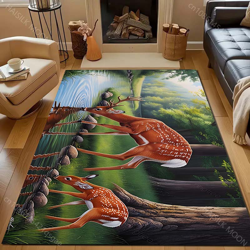 Rehkitz trinkt Wasser im Wald Druck Teppich für Wohnzimmer Schlafzimmer Bettseite Sofa Bodenmatte Moderne Heimdekoration Große Größe