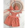 Women Striped Knit Mesh Three Piece Split Bohemian Bikini Swimsuit