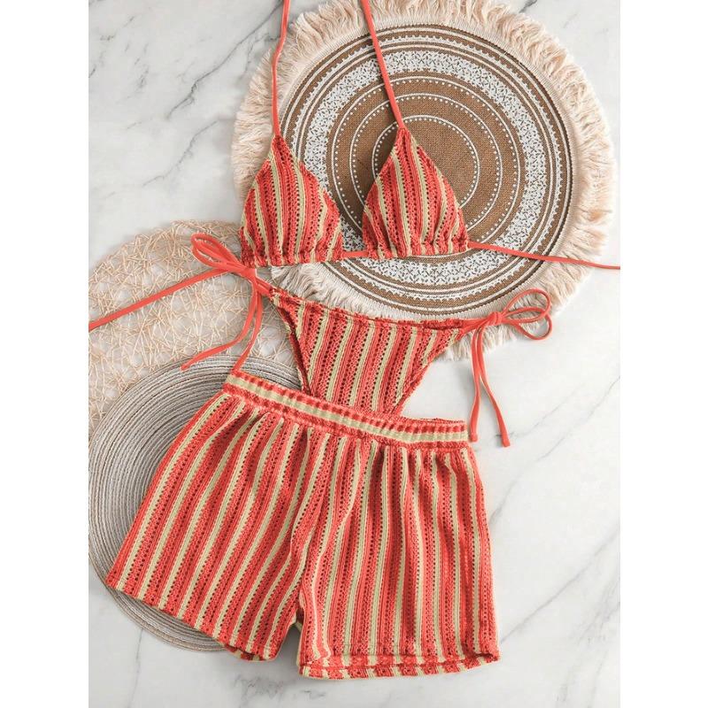 Women Striped Knit Mesh Three Piece Split Bohemian Bikini Swimsuit