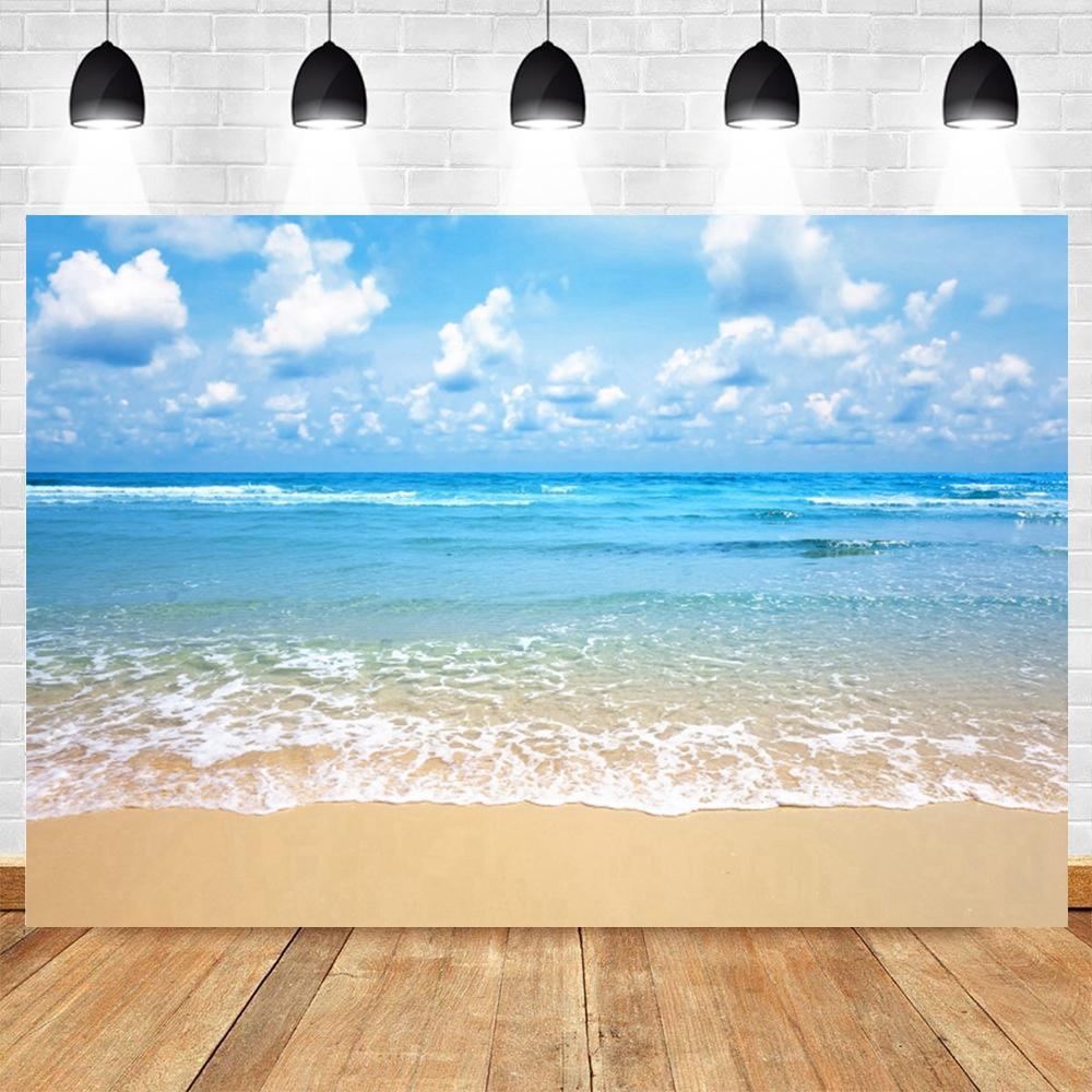 Background Photo with Beach Waves and Sunset, Summer Vacation, Ocean, Beach, Blue Sky, White Cloud, Sand, Photo Shoot