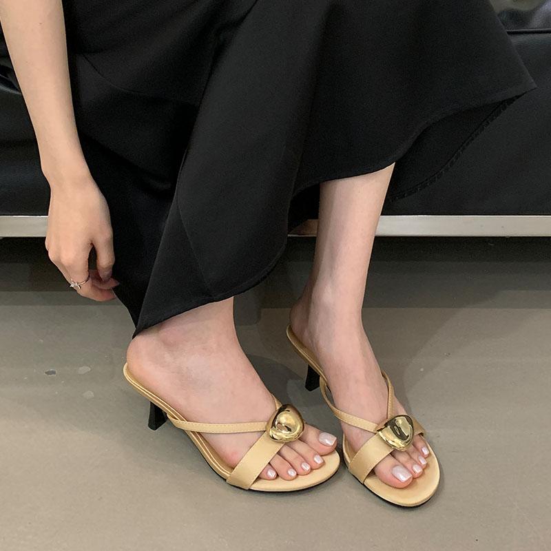 Fashion Fashion Metal Women High Heels Pumps Slides Shoes New In Spring Summer Female Slip On Footwear Round Toe Ladies Thin Heels Shoes