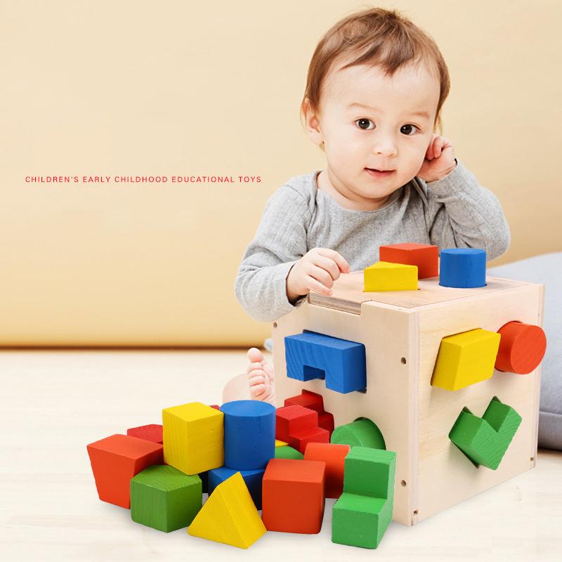 Montessori 15 Hole Intelligence Box Geometric Shapes 3D Puzzle Early Education Three-Dimensional Wooden Paired Building Block