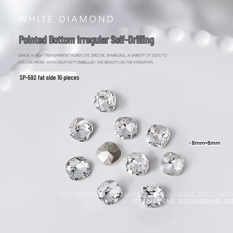 10-Piece Nail Art Set: Pointed Bottom Heart, Crooked Heart, White Diamond, Peach Heart, Square Transparent Rhinestones for Nail Decoration