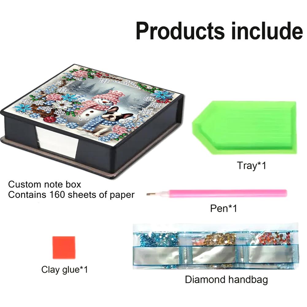 DIY Rhinestones PU Diamond Painting Notecard Box with 160 Sheets Paper Gem Art Sticky Note Holder for Desktop Decoration