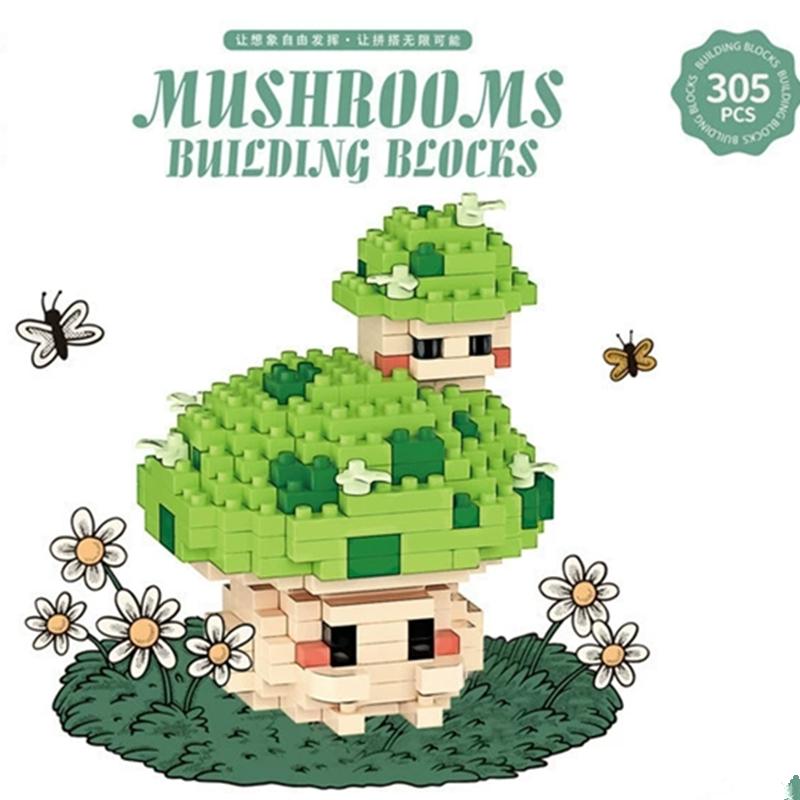 New Diy Mushroom Cartoon Rabbit Bear Super Colorful Plant Fungi Building Blocks Kit Girls Bricks Movie Model Kids Toy Children