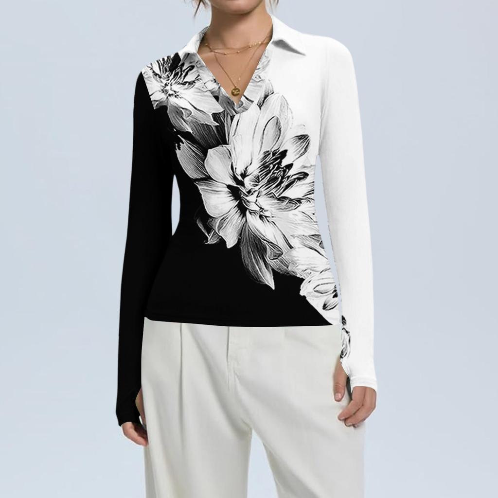 Haut pour femme à la mode et décontracté, imprimé, col en V, manches longues, boutonnage sur le devant